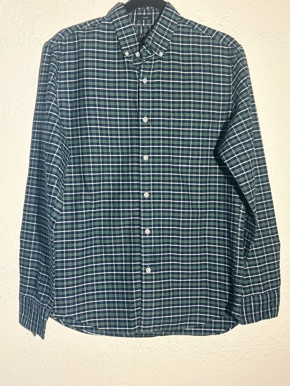 J Crew Shirt Men Medium Green Plaid Flex Oxford Slim Fit Long Sleeve Preppy